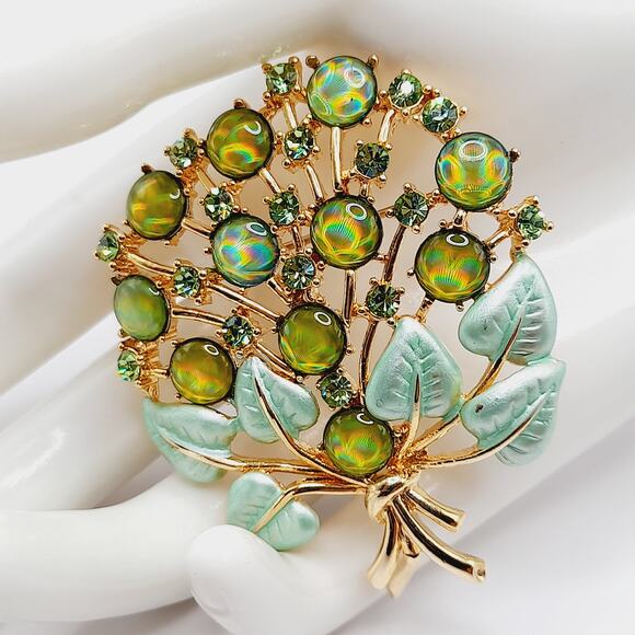 Vintage Style Watermelon Rhinestone Cabochon Tree Brooch Green Enamel Leaves - Picture 3 of 9